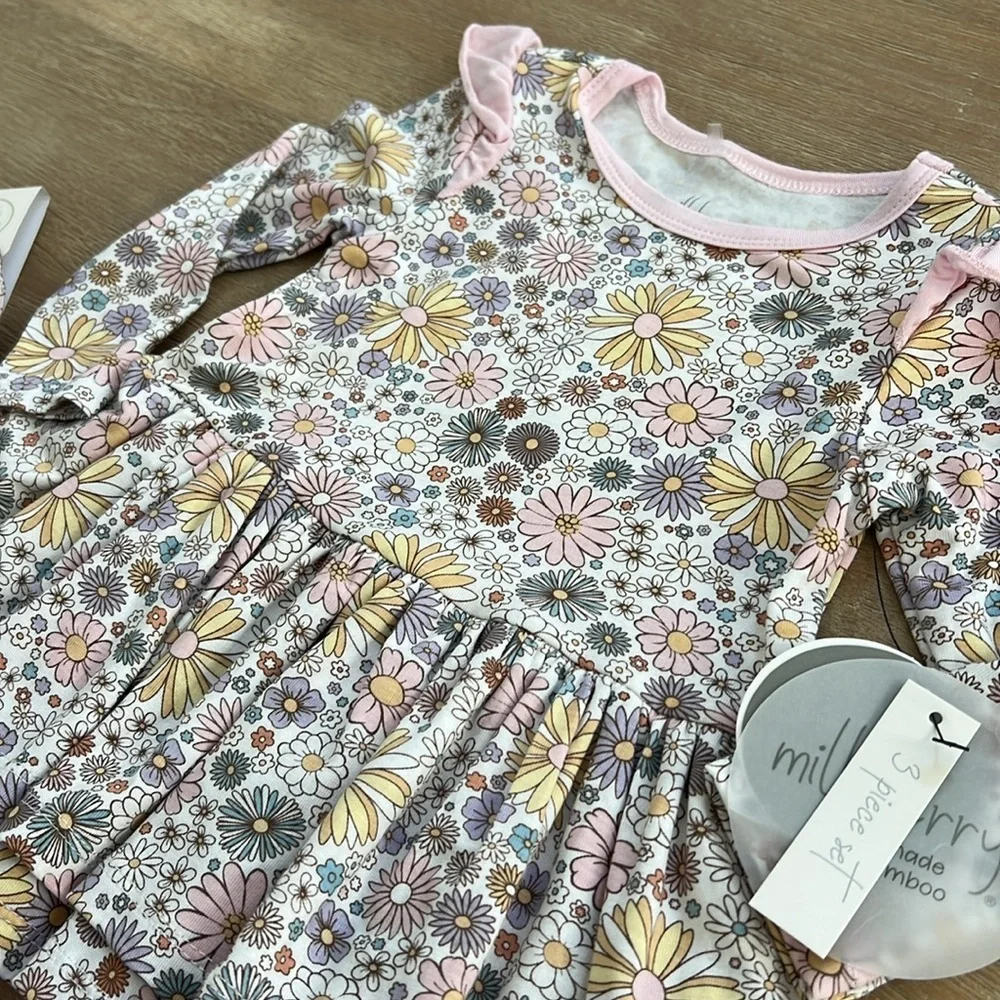 Milkberry Baby Girl Bamboo Floral Dress Headband Diaper Cover 3-6 months
